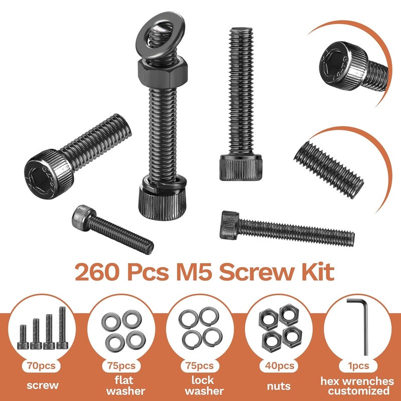 Hapric 260 Pcs M5 Screws Assortment Kit, M5x 8/10/12/16/20/25/30/35mm M5 Bolts Kit 12.9 Alloy Steel Nuts and Bolts Assortment Kit Black Zinc Plated Hex Socket Head Screws Nuts Bolts and Washers Set - Image 3